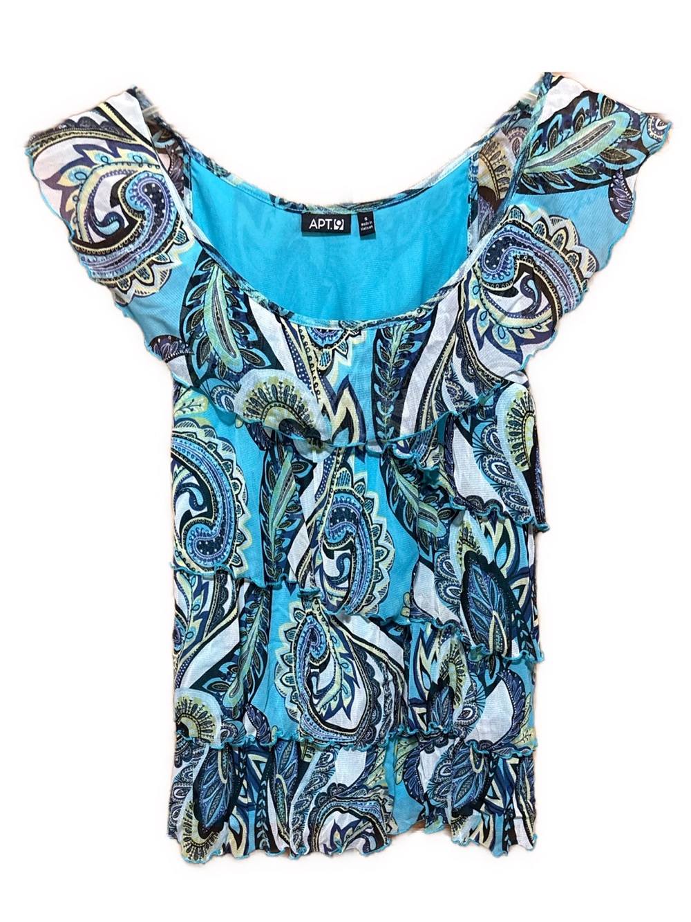 Women’s Small Apt. 9 Y2K Teal Blue Paisley Layered Ruffle Blouse
